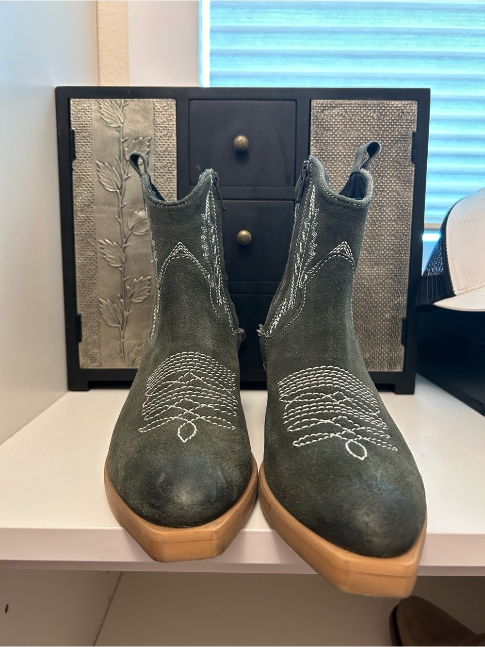 Olive Green Leather Western Cowgirl Boots Side Zipper Ankle Boot Boutique